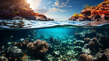 Beautiful coral reef under the sea between with sunrise