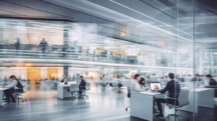 Long exposure shot of corporate business people working in busy office space - obrazy, fototapety, plakaty