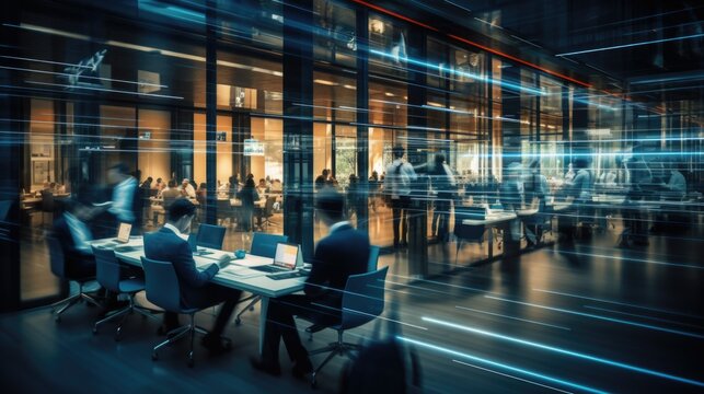 Long exposure shot of corporate business people working in busy office space