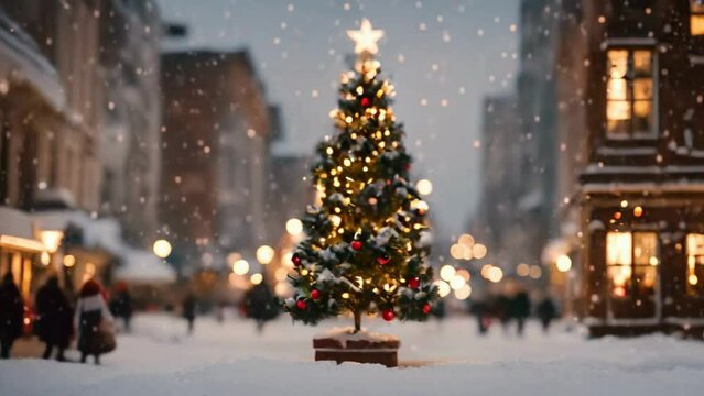 Christmas tree in the city Christmas lights in the city people walking, Snowing Christmas scene at night Video