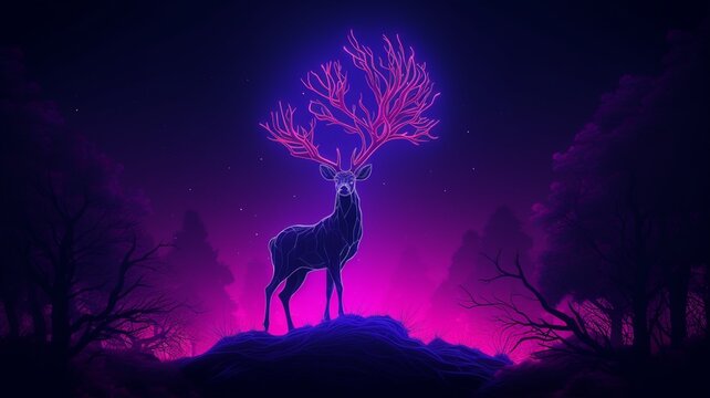 Deer Neon light animal standing in the tree AI Generated pictures