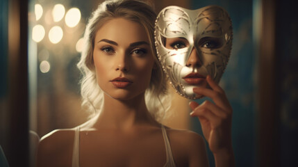 Portrait of a woman hiding behind mask, psychology and psychiatry concept - obrazy, fototapety, plakaty