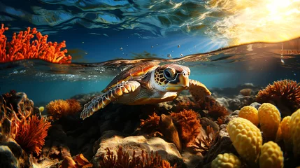 Keuken spatwand met foto Turtles in the sea with beautiful coral reefs © Inlovehem