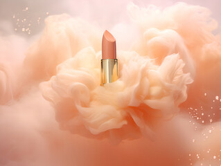 Soft-focus lipstick set against a dreamy, peach fuzz toned cloud, embodying delicate beauty. - obrazy, fototapety, plakaty