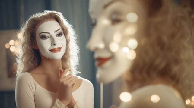 Portrait of a woman hiding behind mask, psychology and psychiatry concept