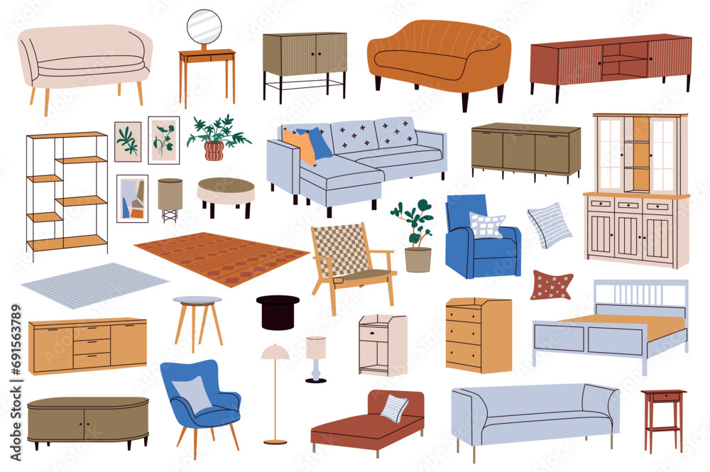 Poster interior furniture mega set in flat design. bundle elements of different types of sofas, tables, boo