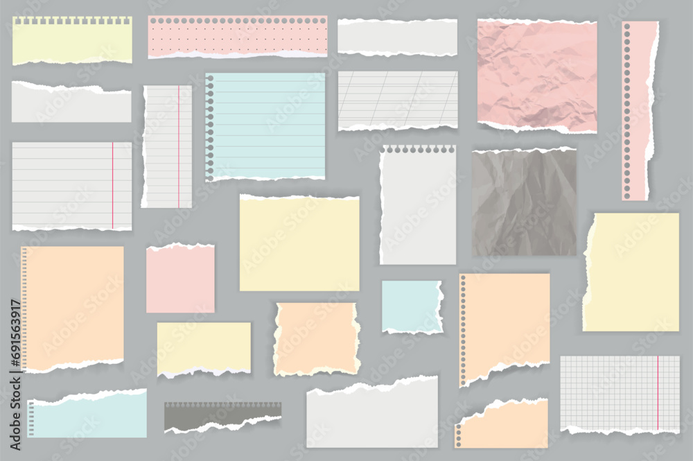 Aufkleber ripped papers mega set in flat design. bundle elements of colorful torn paper sheets, sticky notes s