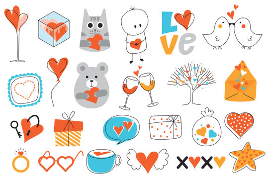 Valentine Day mega set in flat design. Bundle elements of heart couple, cute cat and bear, kiss birds, balloons, champagne in glasses, love letter, other. Vector illustration isolated graphic objects