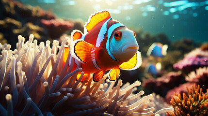 Naklejka na ściany i meble Beautiful clownfish with coral in the sea
