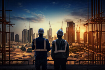 urban planners are observing the city's construction from a high vantage point, symbolizing the vision of city planning for the future. Generative AI.