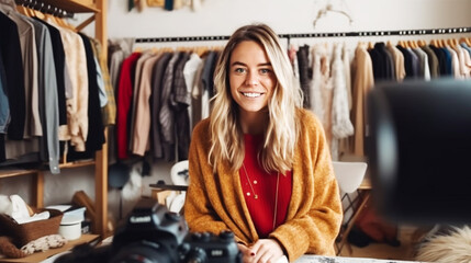 Beautiful smiling woman blogger making a video with sell clothes - obrazy, fototapety, plakaty