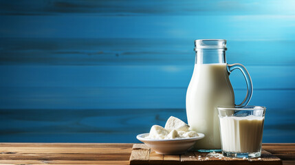 Fresh milk and milk cheese on blue wooden background - obrazy, fototapety, plakaty