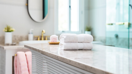Fototapeta na wymiar Towels on marble table in bathroom
