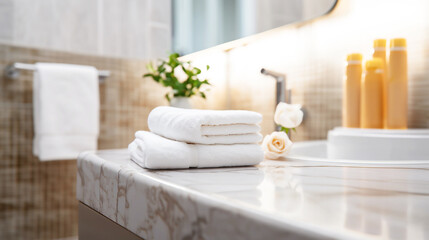 Towels on marble table in bathroom