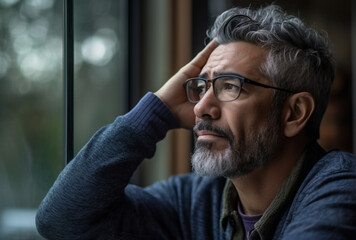 A mature hispanic man sits at a window looking thoughtful and desperate