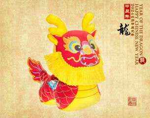 chinese new year concept with hand made dragon isolated on white background,rightside Chinese wording meanings:dragon,Wishing you prosperity and wealth, Happy Chinese New Year.