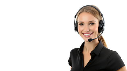 Young call center agent with headsets smiling isolated over white background, Telemarketing sales or Customer service operators concept, copy space