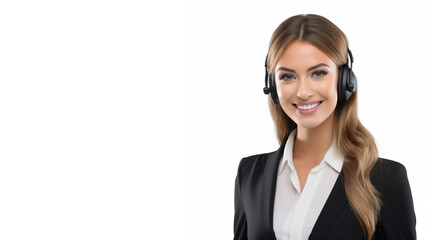 Young call center agent with headsets smiling isolated over white background, Telemarketing sales or Customer service operators concept, copy space