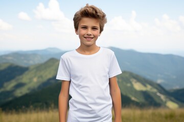 White blank t shirt mock up. Boy mountains background