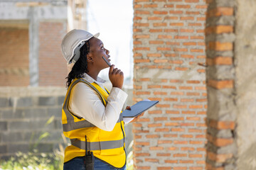 Engineer women black african professional worker working inspection quality check of construction site house building project. - obrazy, fototapety, plakaty
