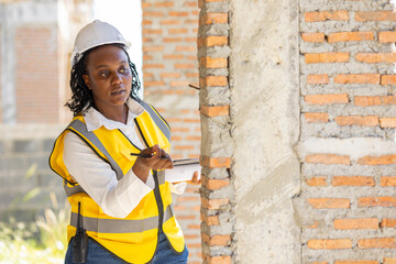 Engineer women black african professional worker working inspection quality check of construction...