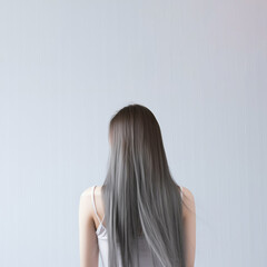 Fototapeta premium The young lady's back, her long silver hair flowing smoothly against the white studio background, showcasing her elegant and chic style. Generative AI.