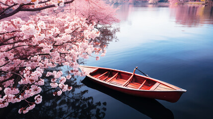 Aerial view of  small boat in the lake with beautiful cherry trees blooming