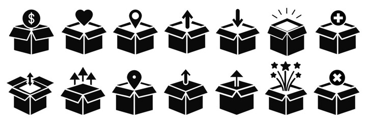 Box icon set isolated on white background. Empty open shipping box or unboxing line art. 