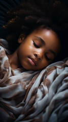 Cute African little girl peacefully sleeping on a bed. Restful sleep, asleep. Generative AI.