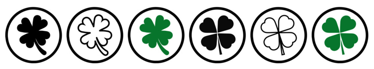Green four leaf clover simple flat icon collection isolated on white background. Shamrock vector sign for app and website. 