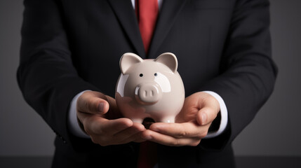 Close-up of a businessman in a suit holding a piggy bank carefully in both hands, symbolizing financial security and savings management.