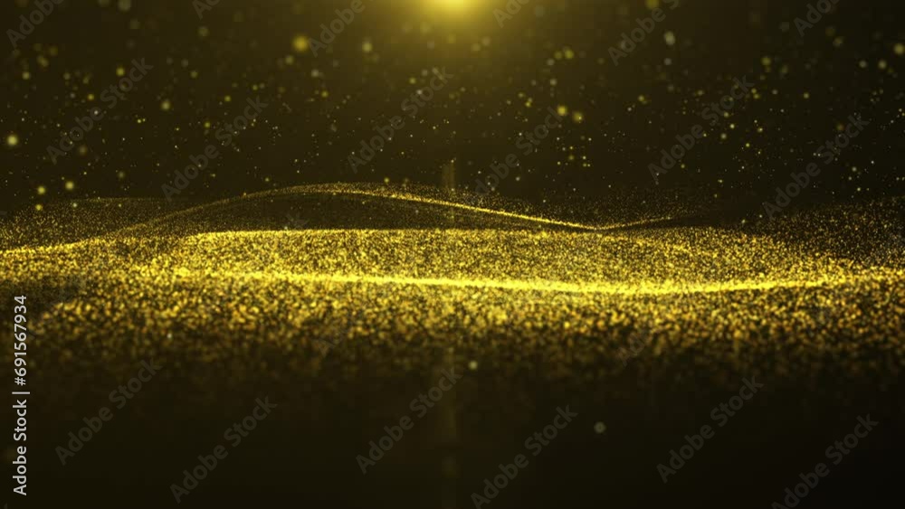 Aufkleber Glittering gold horizontal wave particle flowing dynamic with blinking bokeh 4K motion loop background.