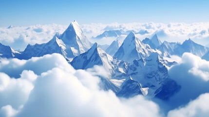 Fototapeta na wymiar Snow peaks high above the clouds with a blue sky