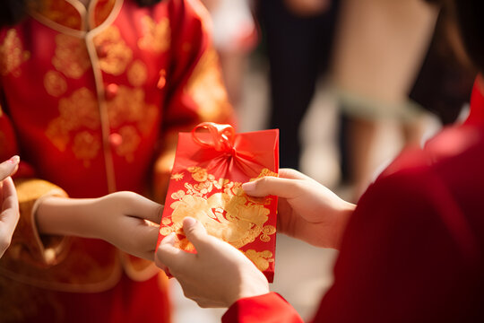 A woman presents a red hongbao envelope with a gold pattern, Chinese tradition