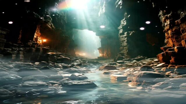 The magical atmosphere in the cave with a little sunlight and a real fantasy light flake effect, great for use in backgrounds, blogs, websites, advertisements, banners and billboards.