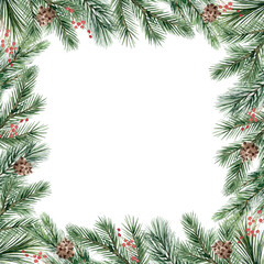 Watercolor vector Christmas square frame. Fir branches, red berries, cones, border, wreath. Illustration for greeting cards, New year invitations. Hand drawn illustration.