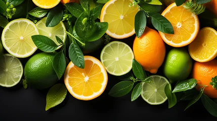 Foto op Plexiglas Top view fresh mix citrus fruit on black background © Inlovehem