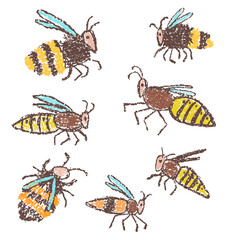 Set of bee, wasp, bumblebee, hornet. Doodle hand drawn black yellow striped flying insect. Crayon, pencil or pastel chalk like kid`s style vector funny rough stroke cartoon flat simple art