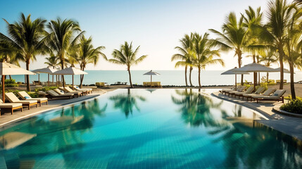Fototapeta na wymiar Luxurious swimming pool and sandy beach with blue sky