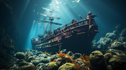 Large shipwreck under in the deep sea - obrazy, fototapety, plakaty