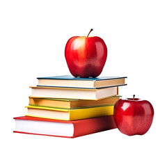 Red, yellow, blue books and a red apple isolated on white and transparent