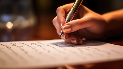 Close-up of a person's hand holding a ballpoint pen and writing on a white paper with visible text.