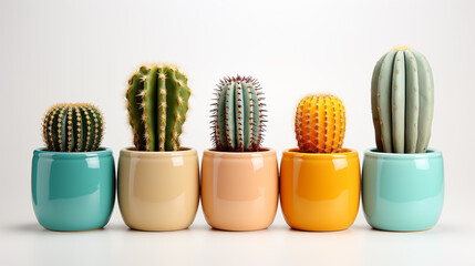 Set of cactus in minimalist pot on white background