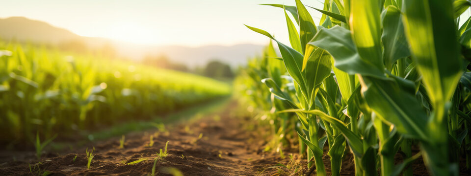 Green cornfield with the sun peeking through the leaves