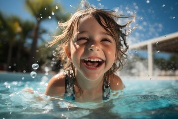 Fototapeta na wymiar Portrait of joyful child in the pool, the child is smiling broadly, splashing water, rest, vacation