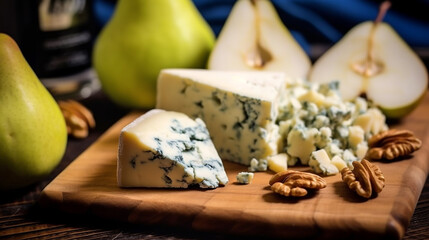 Blue cheese on wooden background - obrazy, fototapety, plakaty