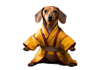 bow pose canino domestic photo style attire fashion posing culture tradition animal japanese pet cute studio portrait dachshund dog dressed yellow kimono shaolin monk doing kung fu
