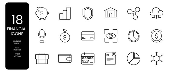 Financial Icons about bank, saving, online data, and economy