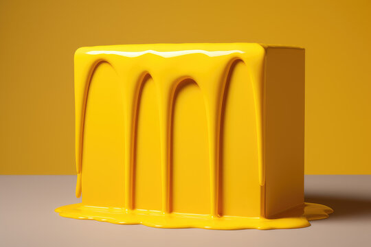 Minimal background concept of a podium in the form of a cube on which the yellow paint is drained and poured.