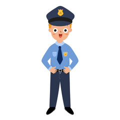 Cute boy policeman in cartoon style. Funny kid in police uniform isolated on white background. Young officer clipart. Vector illustration